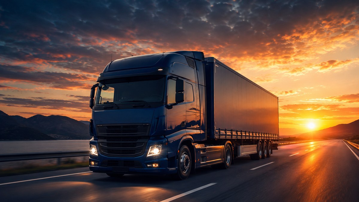 Camion de transport au coucher de soleil